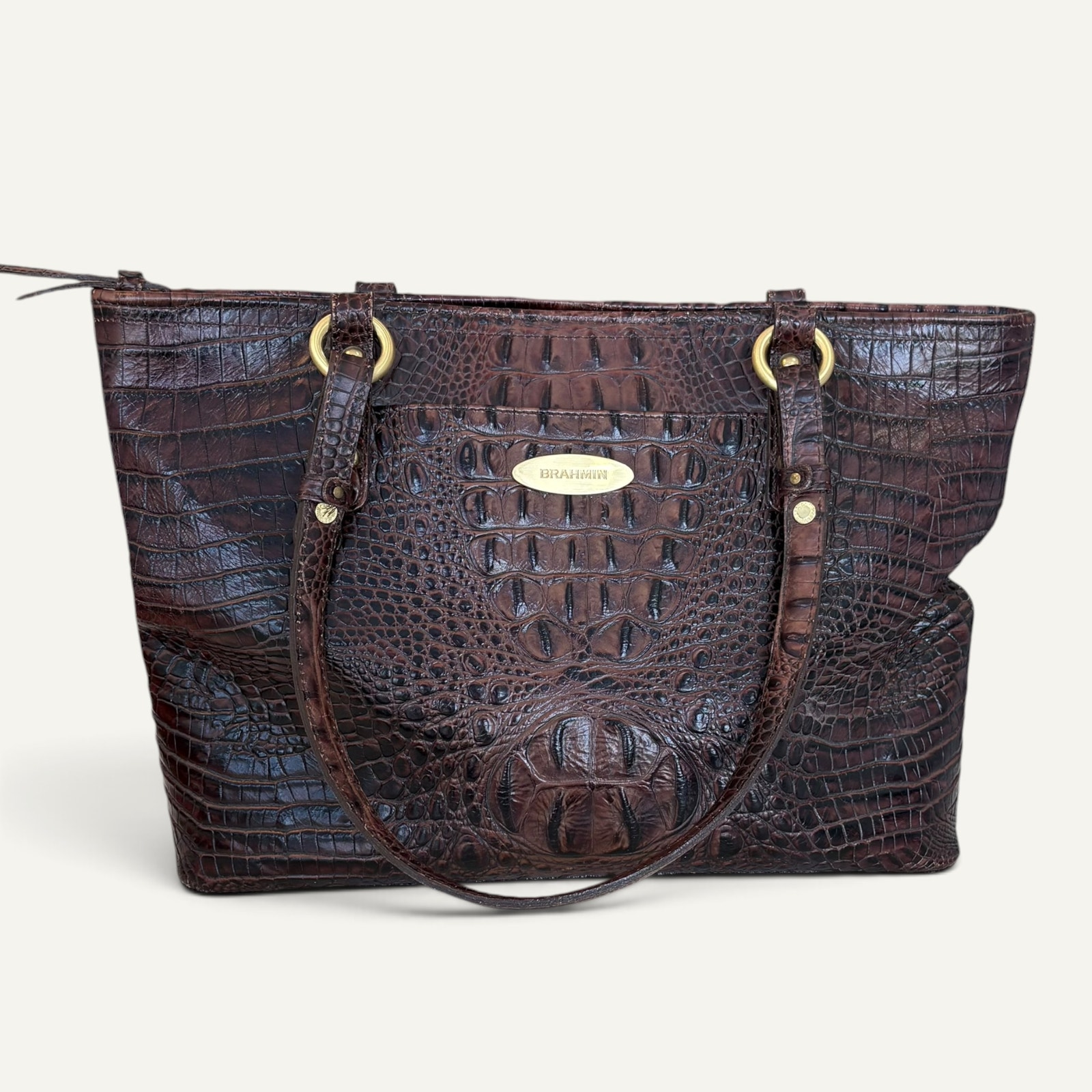 Brahmin Medium Asher Tote Pecan Melbourne Croc-Embossed Leather Gold Hardware